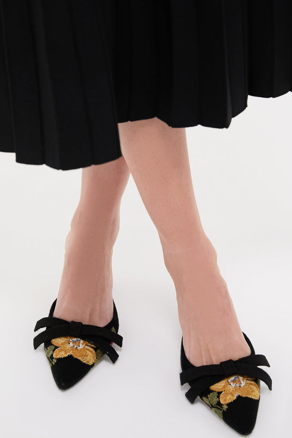 Larroude x Markarian Black Wool and Floral Embroidery Mules