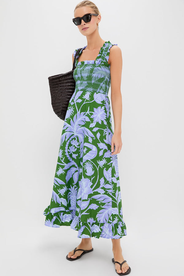 Tropical Swing Green Sleeveless Midi Dress