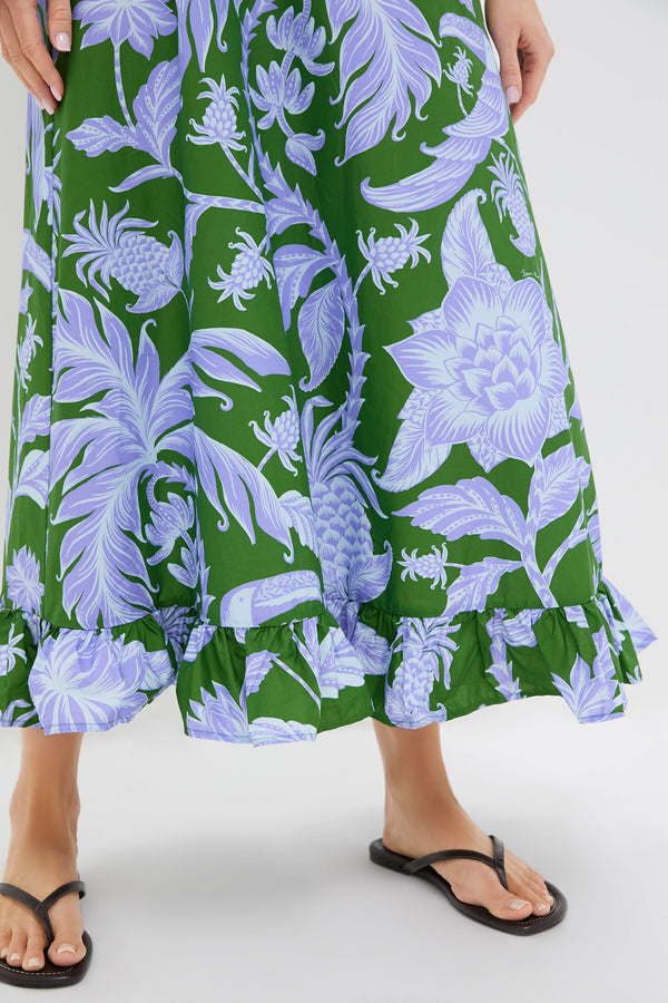 Tropical Swing Green Sleeveless Midi Dress