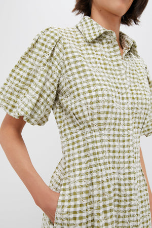 Embroidered Floral Green Gingham Mini Delaney Dress