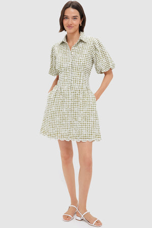 Embroidered Floral Green Gingham Mini Delaney Dress