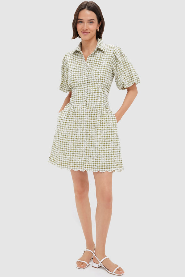 Embroidered Floral Green Gingham Mini Delaney Dress
