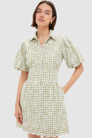 Embroidered Floral Green Gingham Mini Delaney Dress