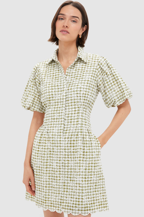 Embroidered Floral Green Gingham Mini Delaney Dress