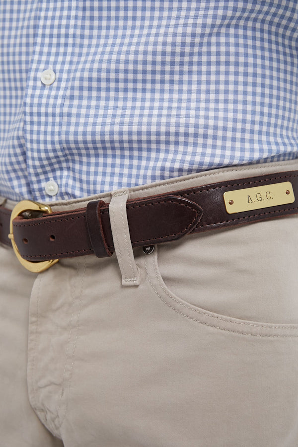 Traditional Brown Custom 1.25" Bridle Leather Belt with Name Plate