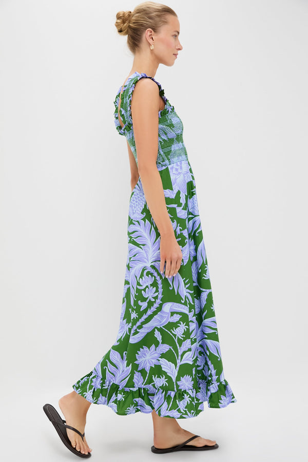Tropical Swing Green Sleeveless Midi Dress