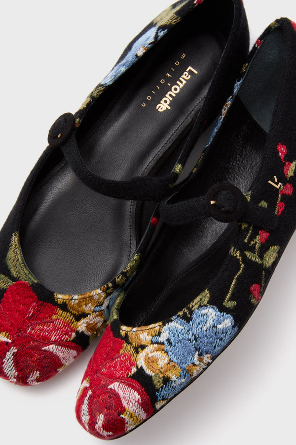 Larroude x Markarian Floral Wool and Black Embroidery Flats