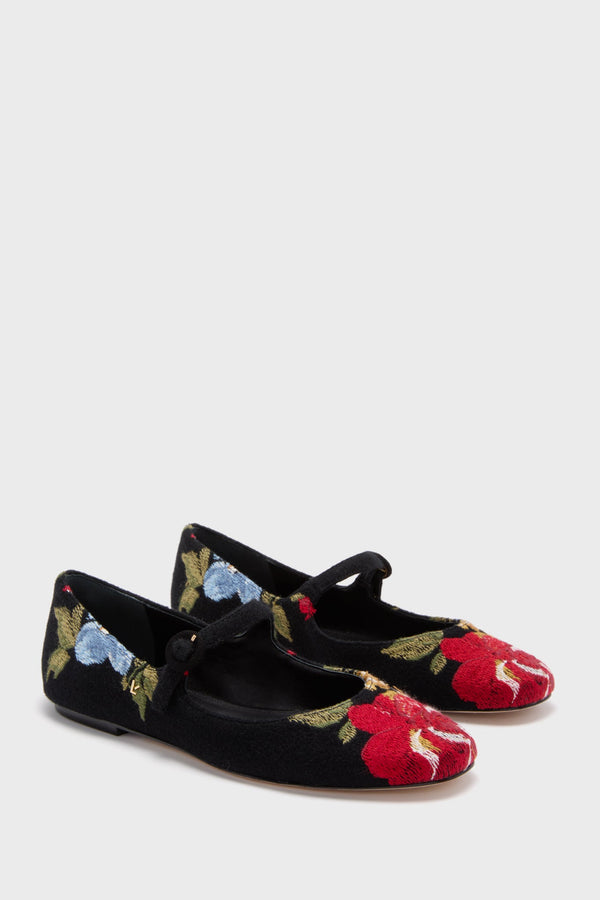 Larroude x Markarian Floral Wool and Black Embroidery Flats