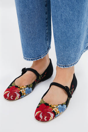 Larroude x Markarian Floral Wool and Black Embroidery Flats