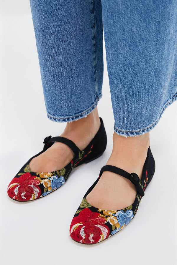 Larroude x Markarian Floral Wool and Black Embroidery Flats