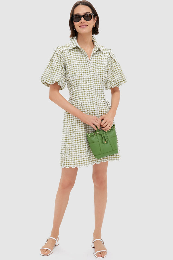 Embroidered Floral Green Gingham Mini Delaney Dress