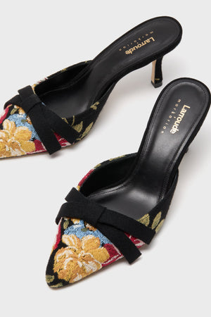 Larroude x Markarian Black Wool and Floral Embroidery Mules