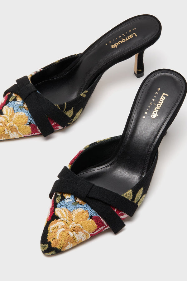Larroude x Markarian Black Wool and Floral Embroidery Mules