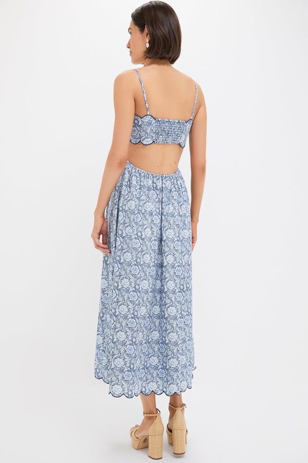Blue Medallion Floral Estelle Scalloped Dress