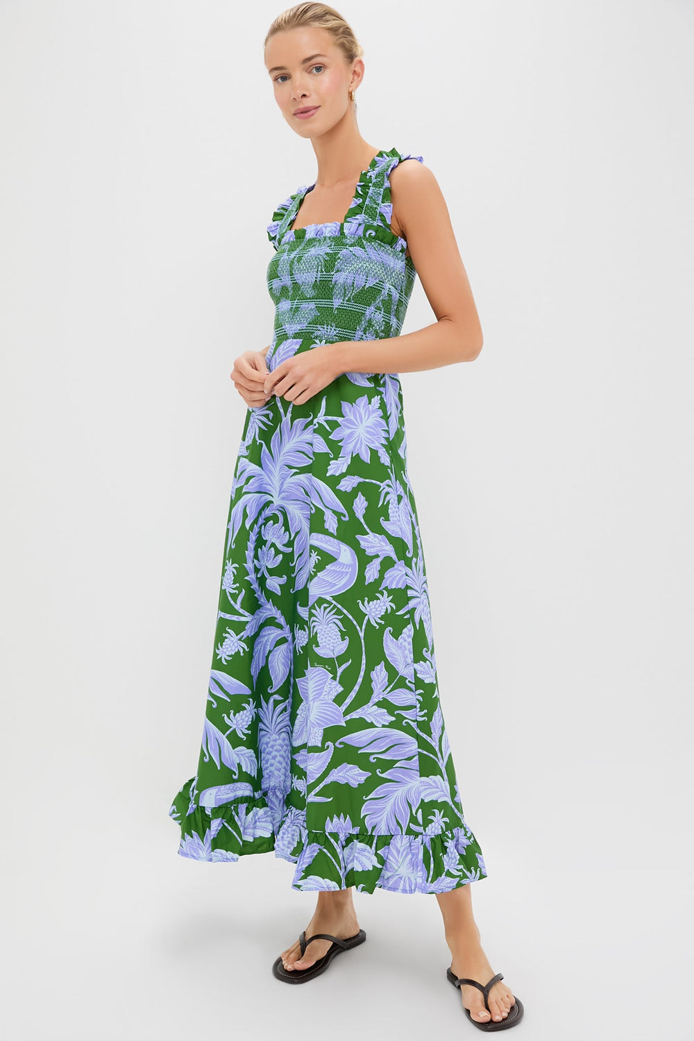 Tropical Swing Green Sleeveless Midi Dress