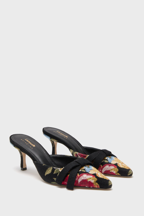 Larroude x Markarian Black Wool and Floral Embroidery Mules